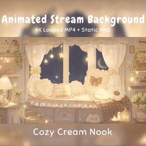 Fond d'écran animé Cosy Night, recoin de la fenêtre crème, coussin nuage, nuit étoilée, lune, incrustation de mouvements brusques, flux VTuber, discord Youtube OBS