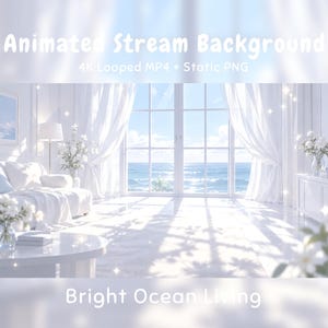 Könnte beinhalten: Ein animierter Stream-Hintergrund mit dem Titel Animated Stream Background 4K Looped MP4 + Static PNG Bright Ocean Living. Das Bild zeigt ein helles, weißes Wohnzimmer mit großen Fenstern mit Blick auf das Meer, weißen Vorhängen und Möbeln.