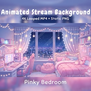 Anime Animated Background: Kawaii Pink Bedroom, Cozy Night Cityscape, Lo-fi Stream Overlay, VTuber, Twitch, OBS, Discord