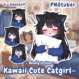 Puede incluir: Ilustración digital de una Kawaii Cute Catgirl con cabello negro y orejas de gato. La imagen incluye cuatro emoticonos con diferentes expresiones, y el texto "Ready to Use" y "PNGTuber". La catgirl lleva un atuendo azul.
