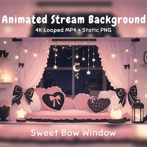 May include: Animated stream background featuring a window with pink ruffled curtains tied with large black bows. A window seat is filled with heart-shaped pillows, string lights with stars and moons, cat-shaped lamps, and a lantern.