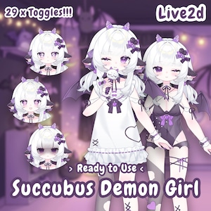 May include: A digital illustration of a white-haired character with purple eyes, bat wings, and cat-like ears. The character is shown in three headshots and two full-body poses wearing a white dress or a dark bodysuit. Text includes 29 x Toggles, Live2d, Ready to Use, and Succubus Demon Girl.