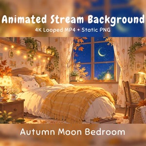 Accogliente camera da letto con sfondo animato in stile anime autunnale, simpatico gatto di peluche, luna e stelle, overlay per Twitch, streaming VTuber, Discord, YouTube, OBS, scrivania.