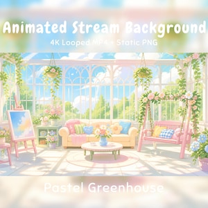 Puede incluir: Un fondo de stream animado que muestra un invernadero en tonos pastel con un sofá crema, un columpio de madera rosa y un caballete con un lienzo. El texto dice Animated Stream Background 4K Looped MP4 + Static PNG y Pastel Greenhouse.