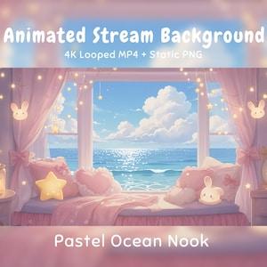 Peut inclure: Une illustration numérique d'un coin fenêtre donnant sur l'océan, avec des rideaux roses, des guirlandes lumineuses, des coussins en forme d'étoile et une décoration lapin. Le texte indique Animated Stream Background 4K Looped MP4 + Static PNG Pastel Ocean Nook.