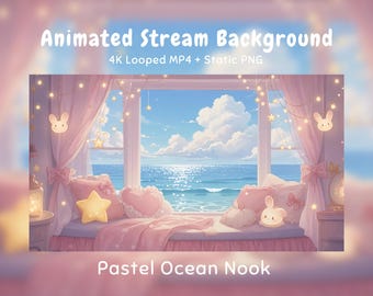 Anime-Hintergrund mit animiertem Hintergrund: Pastellrosa Ozeanfenster, Kawaii-Hasenzimmer, Sommermeer, Twitch-Overlay, VTuber-Stream, Discord, YouTube, OBS