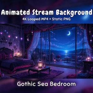 Puede incluir: Animated Stream Background 4K Looped MP4 + Static PNG Gothic Sea Bedroom. Una ilustración digital de un dormitorio de noche con iluminación púrpura y azul, una cama, una mesa de centro con una linterna y un balcón con vistas al mar bajo una luna creciente.