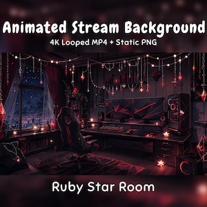 Op de afbeelding: Animated Stream Background 4K Looped MP4 + Static PNG Ruby Star Room. Een digitale illustratie van een gameroom met een bureau, twee monitoren, een stoel en rode hangende sterornamenten voor een donker raam met uitzicht op een stad.