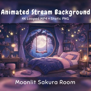Puede incluir: Animated Stream Background 4K Looped MP4 + Static PNG Moonlit Sakura Room. Un dormitorio con una gran ventana circular que muestra una luna llena, un columpio, una cama con ropa de cama morada, ramas de cerezo y luces de estrellas colgantes.