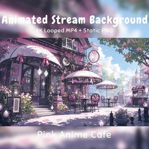 May include: Animated Stream Background 4K Looped MP4 + Static PNG Pink Anime Cafe. A digital illustration of a pink-themed cafe exterior with outdoor seating, tables, umbrellas, hanging lanterns, and floral decorations under a bright sky.