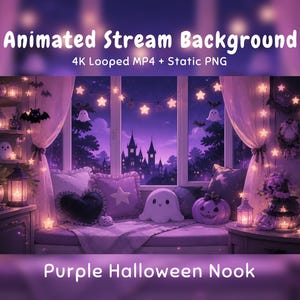 Puede incluir: Fondo de stream animado con un rincón de Halloween morado, vista a un castillo, luces de cadena en forma de estrella, cojines de fantasmas, una calabaza y linternas. Texto: Animated Stream Background 4K Looped MP4 + Static PNG Purple Halloween Nook.