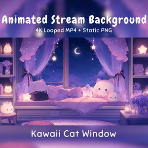 Puede incluir: Fondo de stream animado con un rincón de ventana, cortinas moradas, cojines con forma de gato y luces de estrellas. La escena incluye estantes con decoración felina, una luna creciente y el texto Animated Stream Background 4K Looped MP4 + Static PNG Kawaii Cat Window.