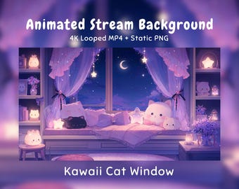 Cozy Night Anime Animierter Hintergrund Pastell Fenster, Kawaii Katze Plüsch, Sternenhimmel, Mond, Twitch Overlay, VTuber Stream, Discord Youtube OBS