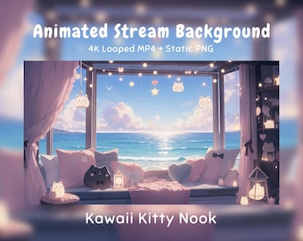 Gemütlicher Anime-Hintergrund mit Kawaii-Kitty-Ecke, pastellfarbenem Ozeanfenster und sommerlichem Meer. Geeignet für Twitch, VTuber-Streams, Discord, YouTube und OBS.