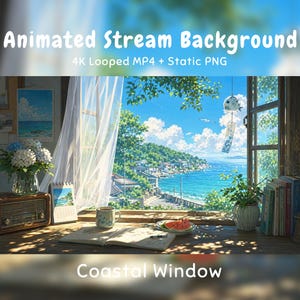 May include: Animated Stream Background 4K Looped MP4 + Static PNG Coastal Window. A digital illustration of a coastal view through an open window with white curtains, a radio, a vase of flowers, a calendar, a mug, a book, and watermelon slices.