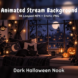 Mysig animerad bakgrund med halloweenfönster, svart katt, pumpalykta, månslott, Twitch-överlägg, VTuber-stream, Discord Youtube OBS