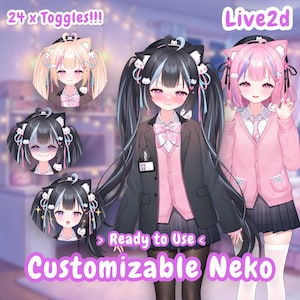 Może przedstawiać: Personalizowany model postaci neko Live2D z 24 x Toggles, czarnymi i różowymi fryzurami oraz strojami szkolnymi. Postać prezentuje różne wyraz twarzy i akcesoria, w tym kocie uszy i wstążki, w formacie grafiki cyfrowej.