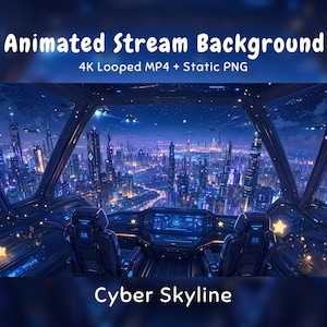 Pode incluir: Fundo de stream animado com uma vista de cockpit futurista de um horizonte cibernético azul brilhante à noite. O texto diz Animated Stream Background, 4K Looped MP4 + Static PNG e Cyber Skyline. O cockpit inclui dois assentos e um console.