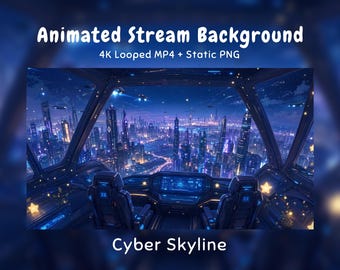 Anime-Hintergrund: Sci-Fi-Cockpit, Cyberpunk-Stadt, Neon-Skyline, Weltraum, Sterne, Twitch-Overlay, VTuber-Stream, Discord, YouTube OBS
