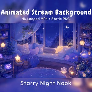 Op de afbeelding: Een geanimeerde stream-achtergrond genaamd Starry Night Nook met een gezellige vensterbank met blauwe kussens, stervormige lampjes, planten en planken vol kristallen en decoratie, beschikbaar als 4K-loop MP4 en statische PNG.