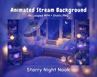 Cozy Night Anime Animierter Hintergrund Sternenfenster, Zauberzimmer, Kristalle, Mond, Twitch Overlay, VTuber Stream, Discord Youtube OBS