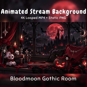 Peut inclure: Arrière-plan de flux animé intitulé Bloodmoon Gothic Room montrant un château sombre sous une grande lune rouge. La scène comprend un lapin en peluche, une citrouille sculptée, des bougies rouges, des crânes et des ornements dans des tons rouge foncé.