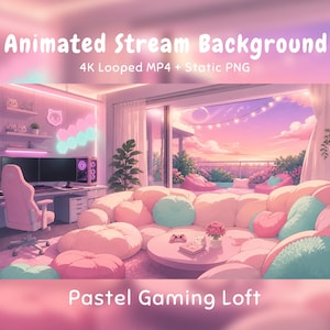 Pode incluir: Um fundo de transmissão animado apresentando um loft de jogos em tons pastel com uma mesa rosa, cadeira gamer e um sofá modular grande. O quarto inclui prateleiras com decoração de gatos, luzes de parede hexagonais e vista da varanda.