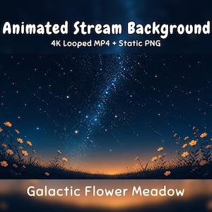 Könnte beinhalten: Ein animierter Stream-Hintergrund mit dem Titel Galactic Flower Meadow, bestehend aus einem 4K-Loop-MP4 und einem statischen PNG. Das Bild zeigt einen dunkelblauen Nachthimmel voller Sterne über einer Wiese mit kleinen orangefarbenen Blumen.