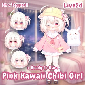 May include: A digital illustration of a chibi character with white hair, wearing a pink sailor-style top, a yellow hat, and a small bag. The image includes three additional head expressions, a small white creature, and text reading 34 x Toggles, Live2d, Ready to Use, and Pink Kawaii Chibi Girl.