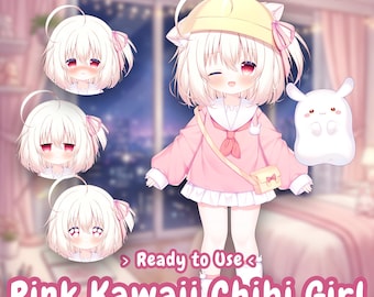 LIVE 2D Modell Rosa Kawaii Chibi Girl Vtube Modell | Gebrauchsfertige Premade Vtuber | Youtube Stream/Twitch Live-Bild von einem vollgeladenen Vtuber Studio