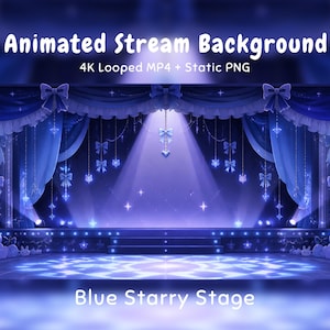 Pode incluir: Um fundo de palco digital com cortinas azuis, laços pendurados e luzes em forma de estrela. O texto diz Animated Stream Background 4K Looped MP4 + Static PNG e Blue Starry Stage. A cena inclui um holofote central e degraus.