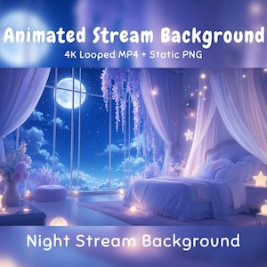 Puede incluir: Un fondo de transmisión animado que muestra un dormitorio con una ventana grande que da a un cielo nocturno con luna llena. La habitación incluye una cama con cortinas drapeadas, flores colgantes y luces brillantes en forma de estrella.