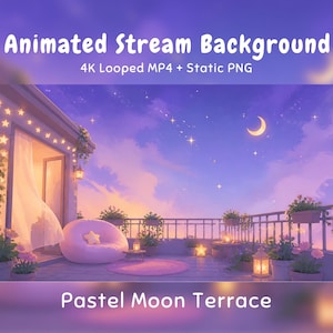 Könnte beinhalten: Animierter Stream-Hintergrund mit dem Titel Pastel Moon Terrace, der einen Balkon in der Dämmerung mit Mondsichel, Sternen, Sitzsack, Topfpflanzen, Lichterketten und Laternen zeigt. Enthält 4K-Loop-MP4- und statische PNG-Dateiformate.