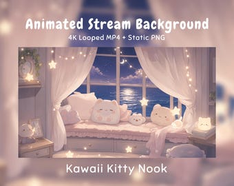 Gemütlicher Anime-Hintergrund mit Kawaii-Kätzchen-Plüschtieren, Mondschein am Meer, Fenster, Twitch-Overlay, VTuber-Stream, Discord, YouTube OBS