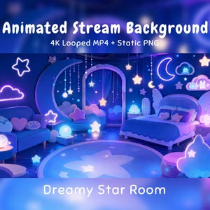 Könnte beinhalten: Ein animierter Stream-Hintergrund mit dem Titel Dreamy Star Room, der ein Schlafzimmer mit blauen Wänden, ein Bett mit flügelförmigem Kopfteil, ein Sofa sowie neonfarbene, leuchtende Sterne, Monde und Wolken zeigt. Enthält MP4- und PNG-Dateien.