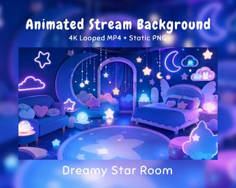 Gemütlicher Anime-Hintergrund für eine verträumte Nacht: Schlafzimmer, Zimmer, Kawaii-Sterne, magischer Mond, Twitch-Overlay, VTuber-Stream, Discord, YouTube, OBS