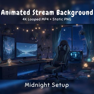 May include: Animated Stream Background 4K Looped MP4 + Static PNG Midnight Setup. A digital illustration of a gaming room at night featuring a desk, two monitors, a keyboard, a mouse, a microphone, a gaming chair, and a computer tower.