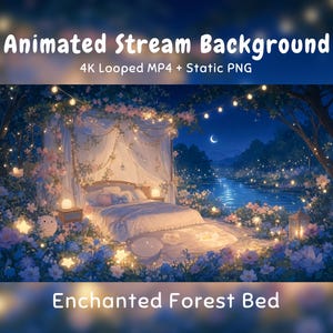 Könnte beinhalten: Animierter Stream-Hintergrund mit einem verzauberten Waldbett mit Baldachin, umgeben von leuchtenden Blumen, Lichterketten und einem mondbeschienenen Fluss. Text: Animated Stream Background, 4K Looped MP4 + Static PNG, Enchanted Forest Bed.