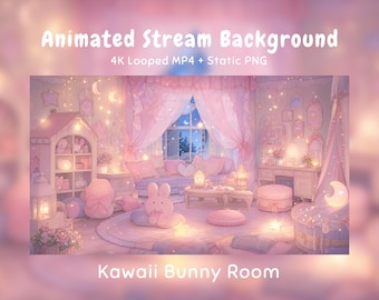 Cozy Night Anime Animierter Hintergrund Rosa Schlafzimmer, Kawaii Hase, Pastell Zimmer, Sterne, Mond, Twitch Overlay, VTuber Stream Discord Youtube OBS