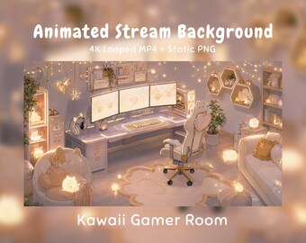 Gemütliches Zimmer mit Anime-Hintergrund, Kawaii-Gamer-Setup, pastellfarbenem PC-Schreibtisch, Katzenstuhl, Twitch-Overlay, VTuber-Stream, Discord, YouTube OBS