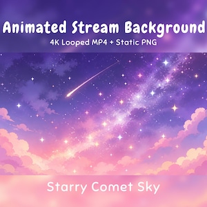 May include: A digital graphic titled Animated Stream Background and Starry Comet Sky, featuring a purple and pink gradient night sky filled with glowing stars, a bright shooting comet, and soft clouds. Includes 4K Looped MP4 and Static PNG.
