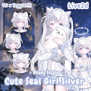 May include: A digital illustration of a character with white hair and cat ears, wearing a white outfit with blue ribbons. The character holds a white seal plush toy. Text includes 40 x Toggles, Live2d, Ready to Use, and Cute Seal Girl Silver.