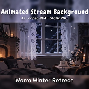 Fondo animado de anime acogedor de invierno: habitación nevada, chimenea, cortina de encaje, café, superposición de Twitch, transmisión de VTuber, Discord, YouTube OBS