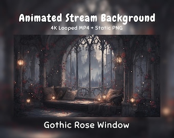 Anime-Hintergrund mit gotischem Rosenfenster, dunklem Vampirschloss, nebligem Fantasy-Zimmer, Twitch-Overlay, VTuber-Stream, Discord, YouTube OBS