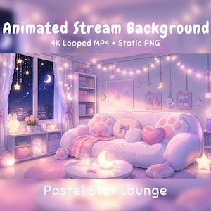 Puede incluir: Un fondo de stream animado titulado Pastel Star Lounge que muestra una habitación acogedora con un sofá blanco, cojines en forma de pata, almohadas de corazón y luces de cadena en forma de estrella, una ventana y estanterías.