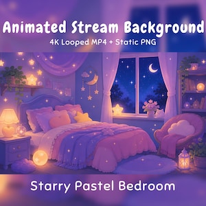 Op de afbeelding: Een geanimeerde stream-achtergrond getiteld Starry Pastel Bedroom met een slaapkamer in paarse en roze tinten, een bed met stervormige kussens, een raam met een nachtelijke sterrenhemel, een boekenplank en gloeiende lantaarns.
