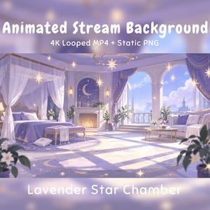 Peut inclure: Un arrière-plan de stream animé intitulé Lavender Star Chamber représentant une chambre avec un lit à baldaquin, une cheminée et un balcon. La pièce présente un décor violet et blanc, des étoiles brillantes et des motifs lunaires. Texte : Animated Stream Background 4K Looped MP4 + Static PNG.