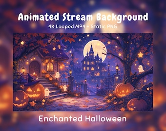 Anime-Hintergrund: Gemütliches Halloween, Zauberschloss, Kawaii-Geist, Kürbisstadt, Twitch-Overlay, VTuber-Stream, Discord, YouTube OBS