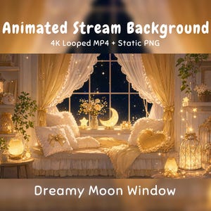 May include: Animated Stream Background 4K Looped MP4 + Static PNG Dreamy Moon Window. A window seat with yellow curtains, white pillows, a heart-shaped cushion, a crescent moon lamp, fairy lights, and a vase of flowers against a night sky.