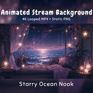 Mysig natt Anime animerad bakgrund Stjärnklar havshörna, skymningshav, glödande stjärnor, Twitch-överlägg, VTuber-stream, Discord Youtube OBS